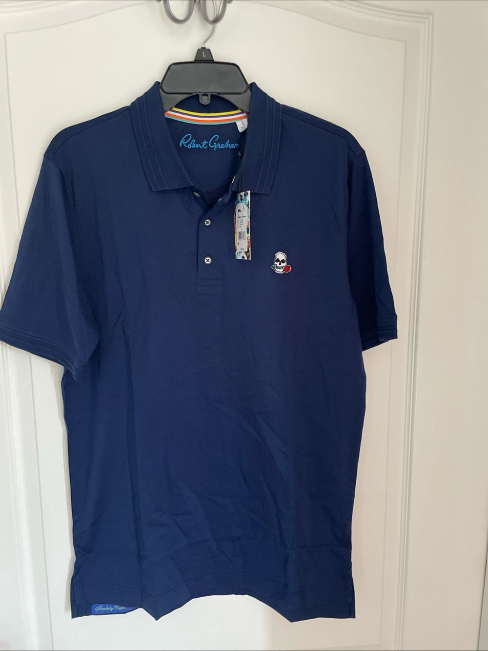 ROBERT GRAHAM, Men's Size S, Navy Short Sleeve Polo Skull Head Rose, NWT